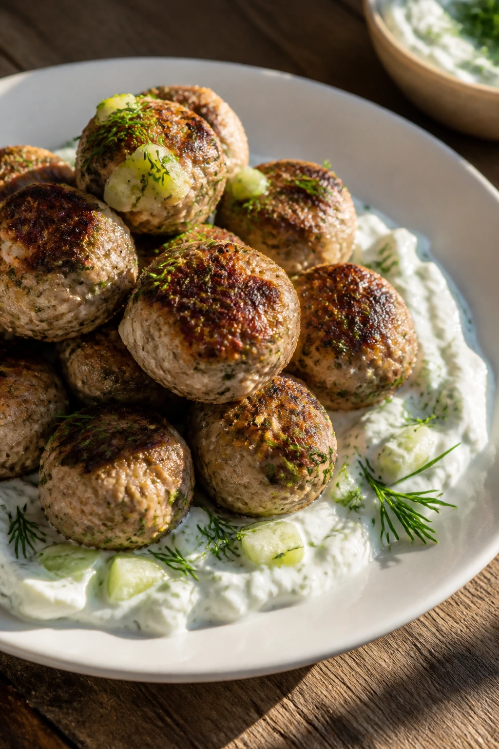 Close-up of Greek turkey meatballs with cucumber yogurt sauce