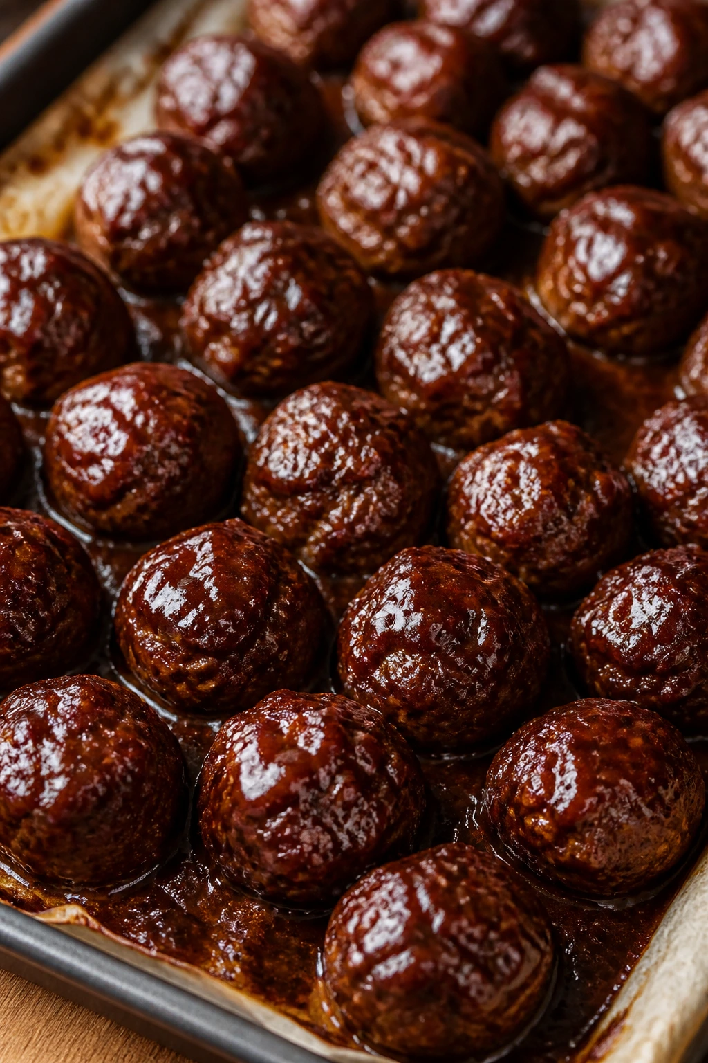 Close-up of glossy coffee-brown sugar BBQ meatballs in a pan