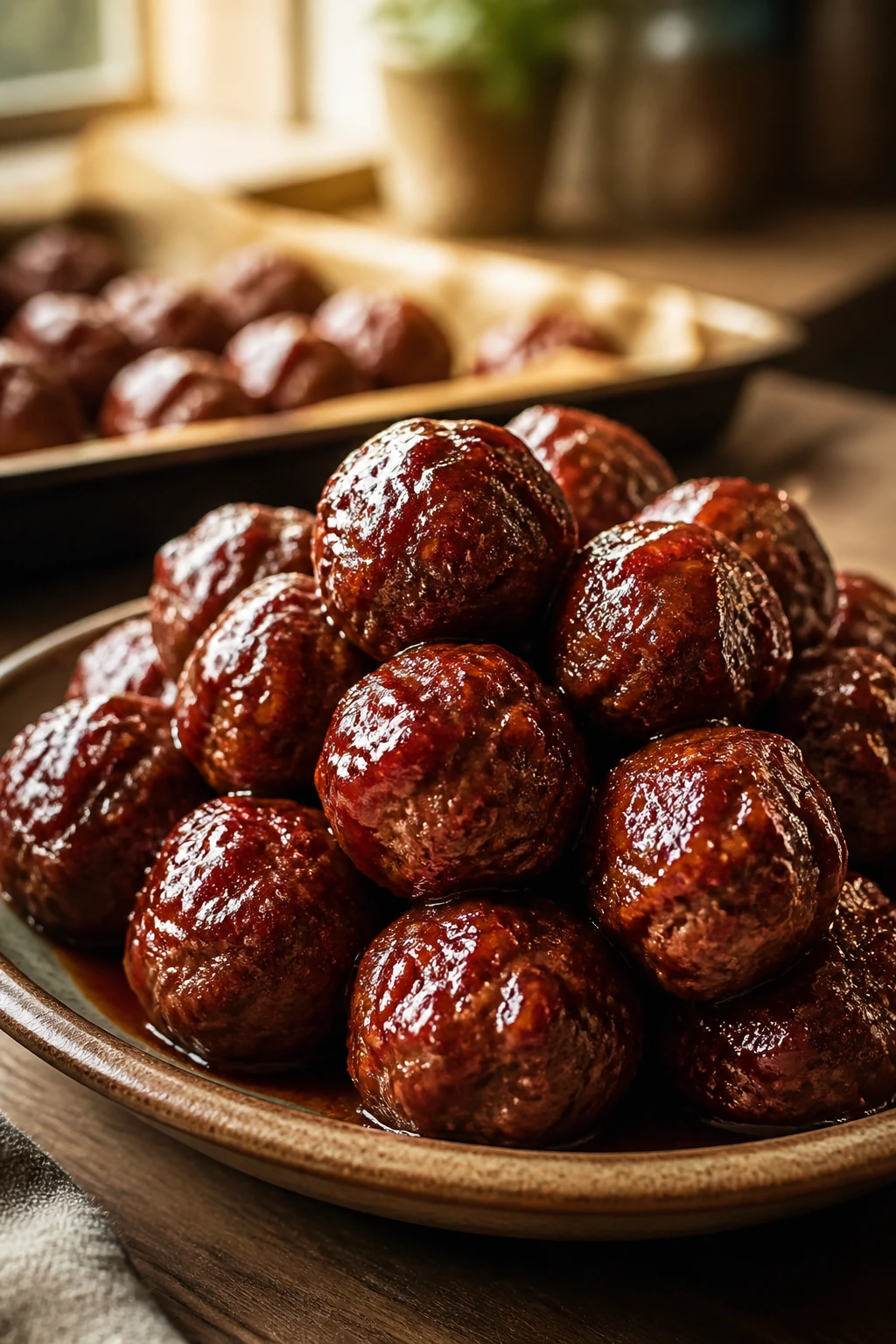 Browned meatballs with shiny BBQ glaze on rustic plate in a cozy kitchen
