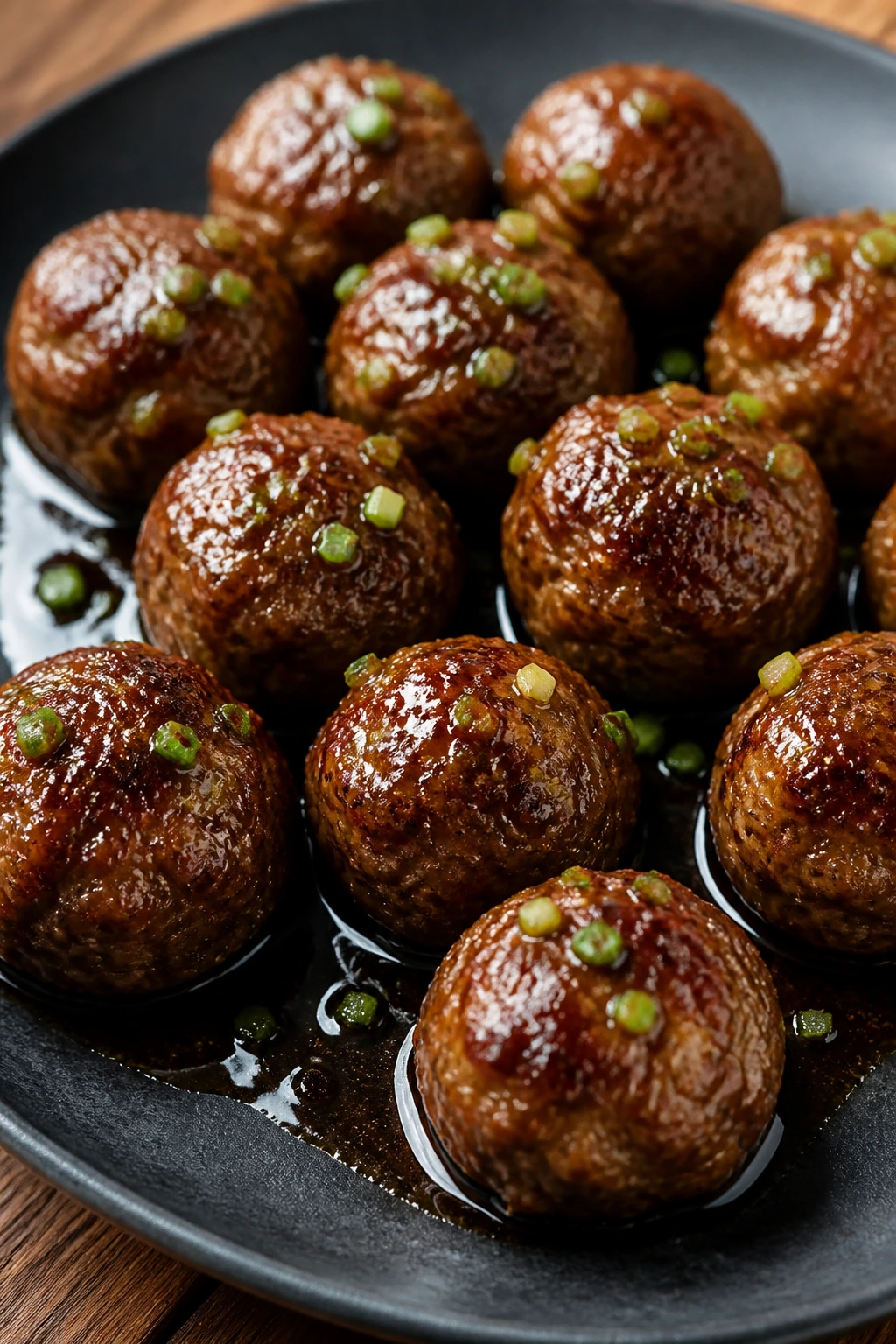 Glossy Chinese-style meatballs with glaze on plate
