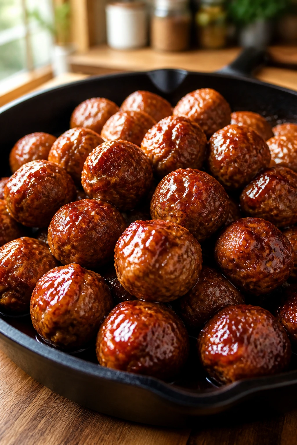 Close-up of glazed meatballs in a cast-iron skillet
