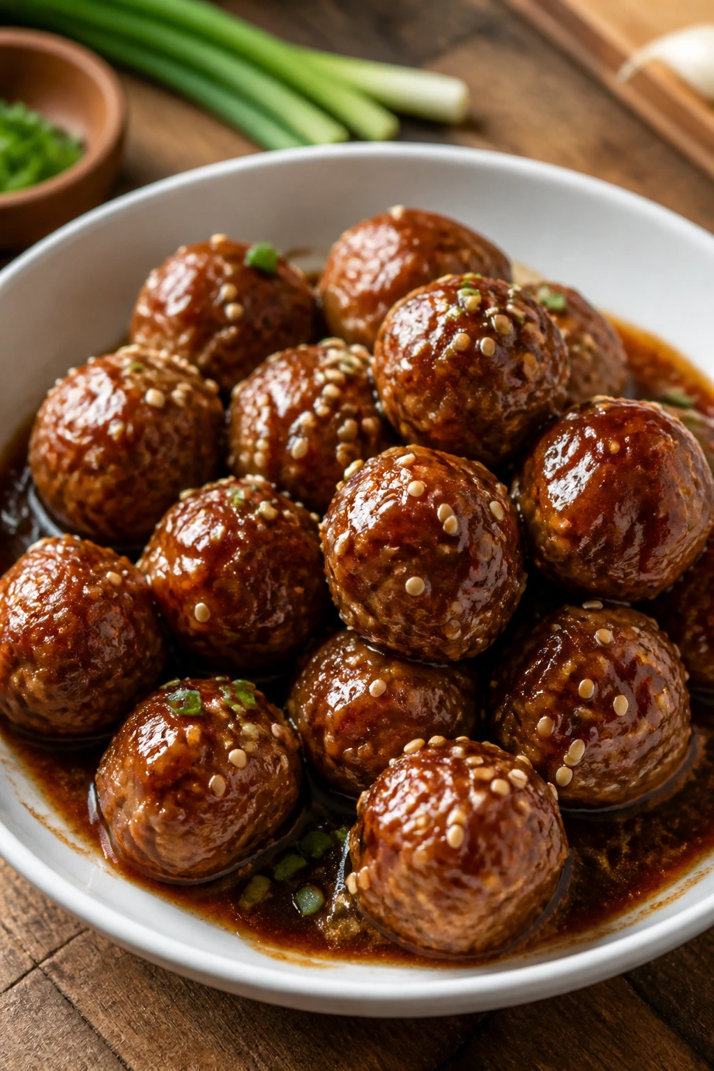 Close-up of sticky meatballs in soy-hoisin glaze in a rustic bowl