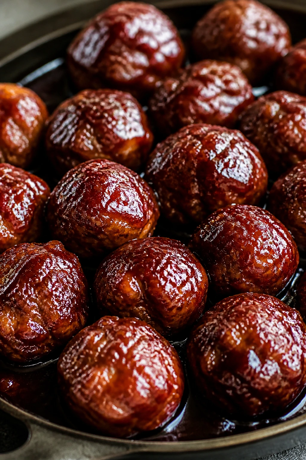 Close-up of grape jelly chili meatballs in glaze