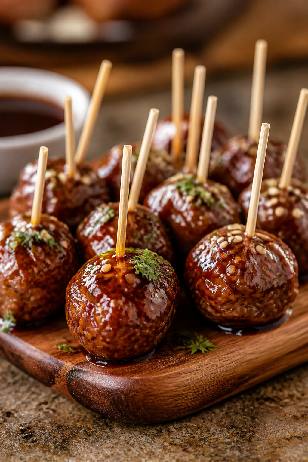 Glossy honey garlic meatballs on toothpicks