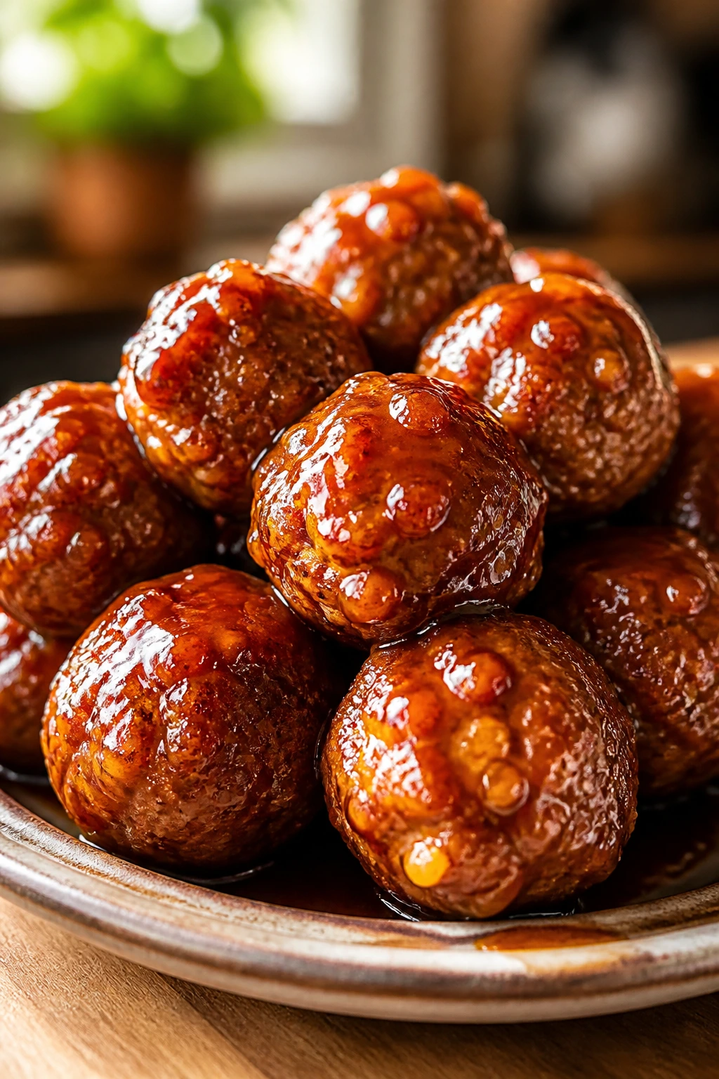 Close-up of honey-garlic meatballs on rustic plate