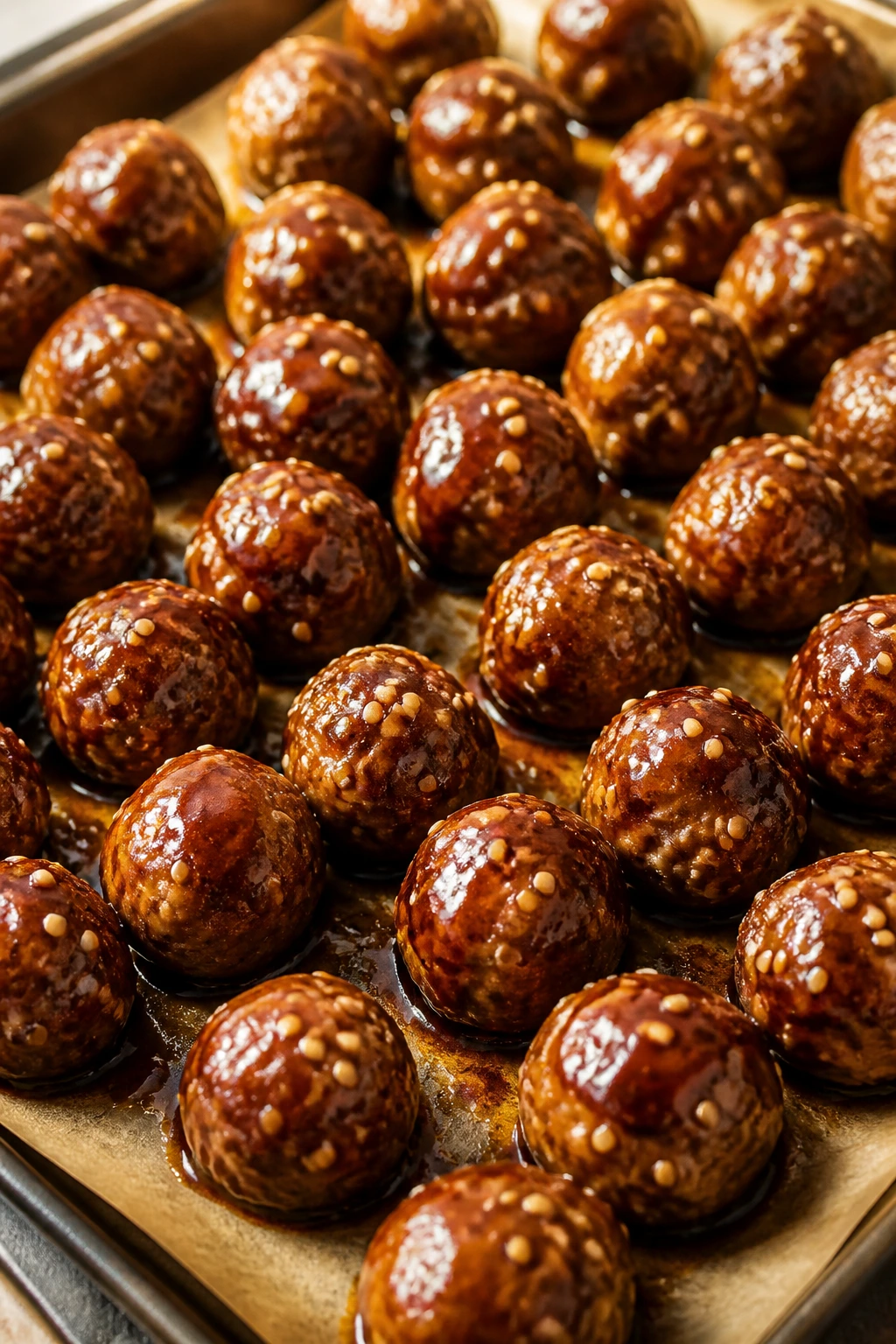 Close-up of honey garlic sesame glazed meatballs