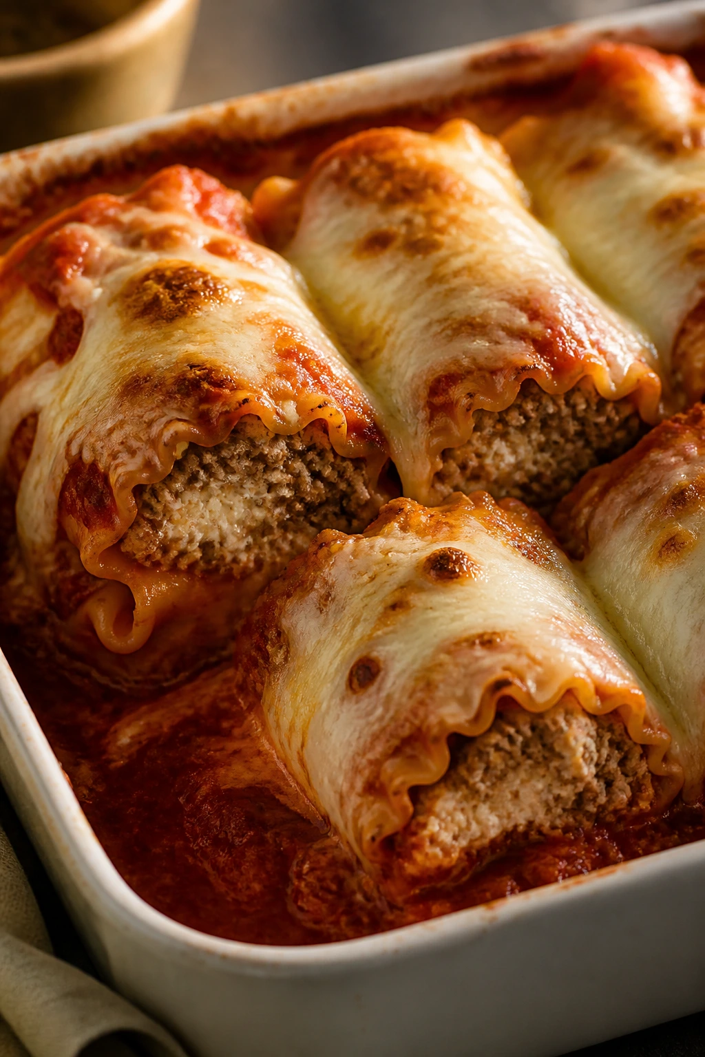 Close-up of meatball lasagna roll-ups in marinara with melted mozzarella in a baking dish