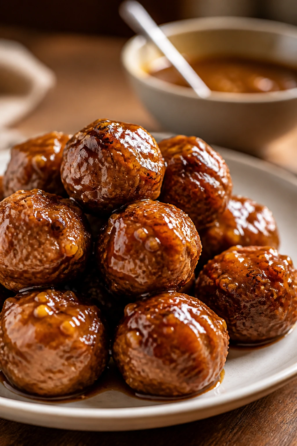Meatballs with maple-mustard glaze on plate in warm kitchen