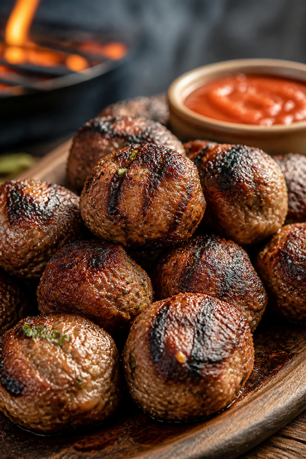 Close-up of grilled meatballs with marinara dip on a rustic tray outdoors