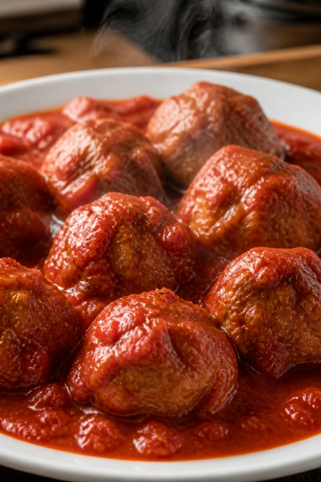 Close-up of tender meatballs in bright marinara on a plate