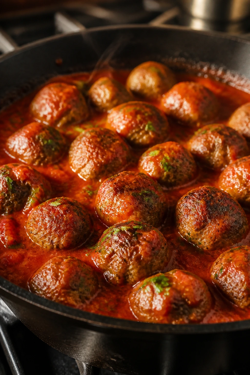 Close-up of meatballs simmering in marinara sauce on a stovetop
