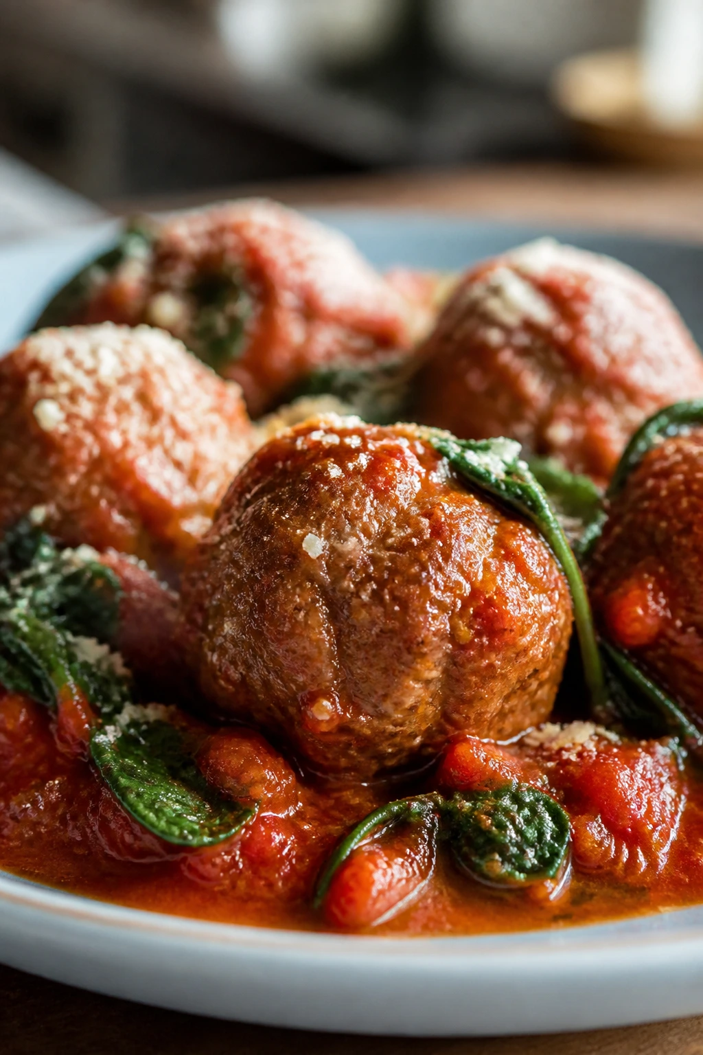 Close-up of meatballs in marinara with spinach