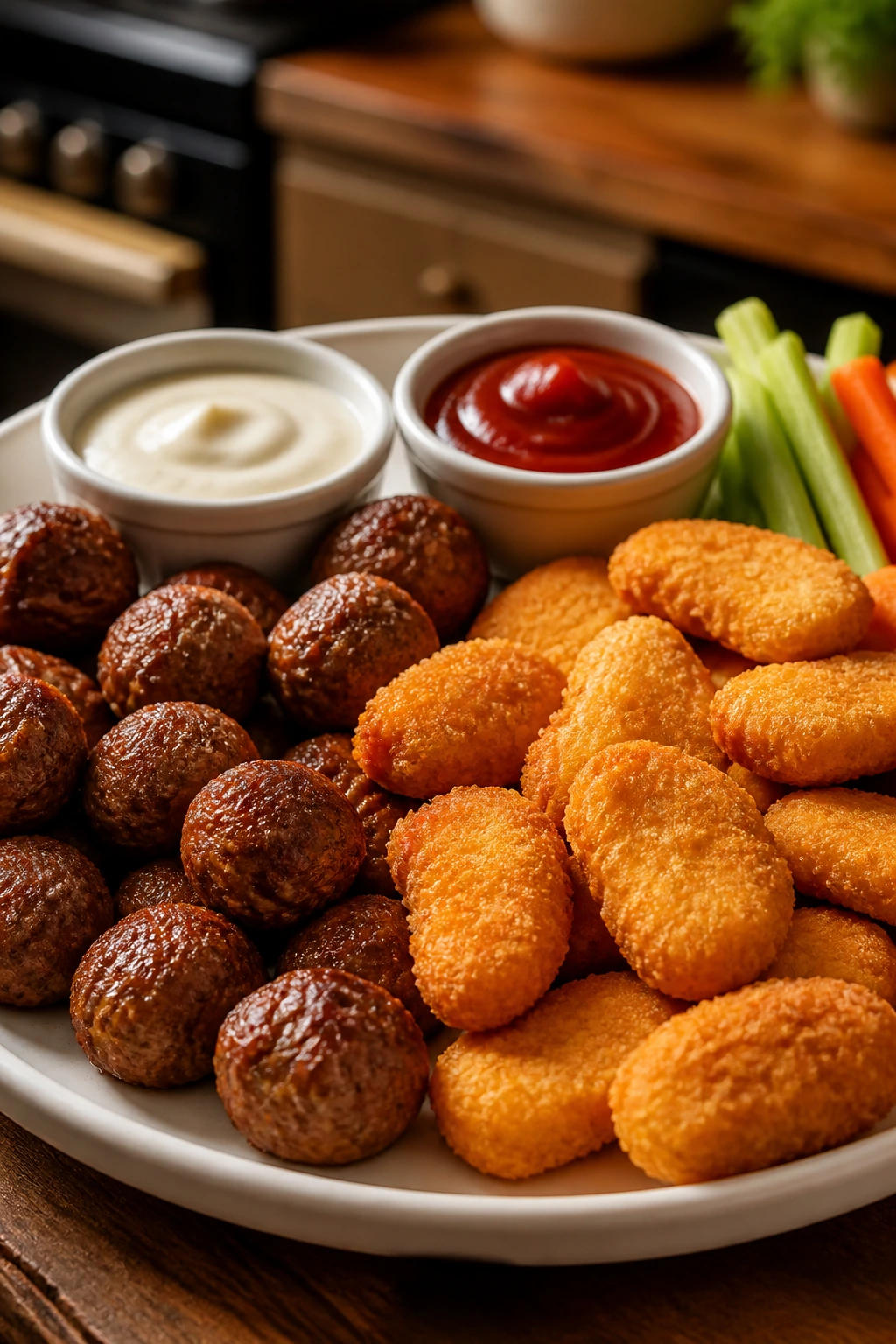 Plate of meatballs and chicken nuggets with dips in a soft kitchen setting.