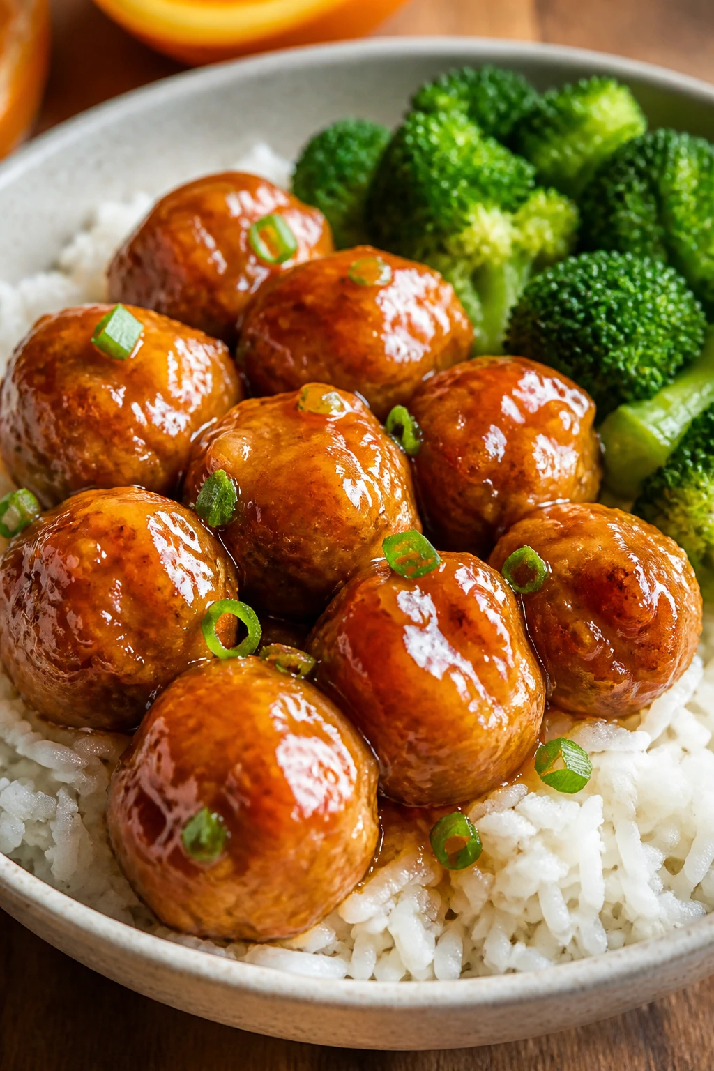 Orange glazed meatballs with rice and broccoli on a plate