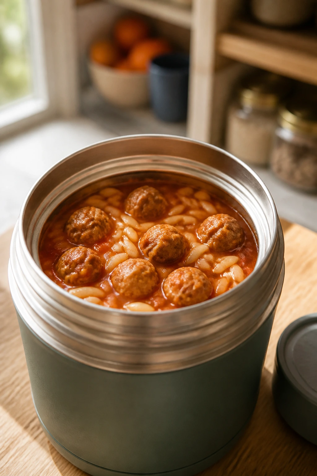Thermos filled with mini meatballs and orzo