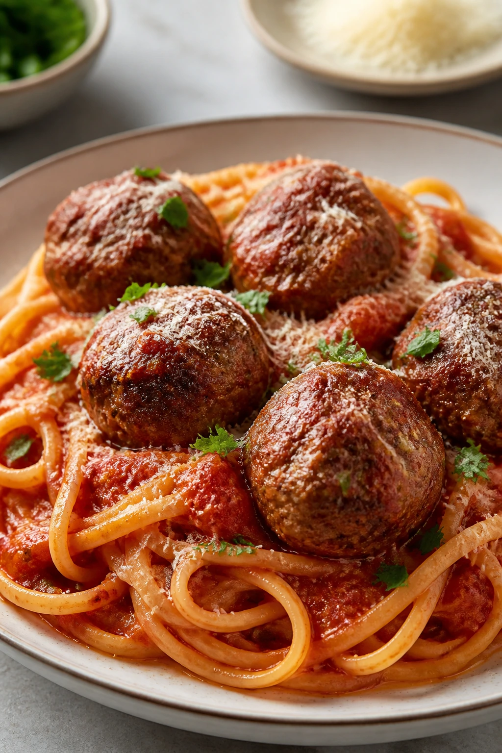Plated meatballs with pasta in tomato sauce on a plate
