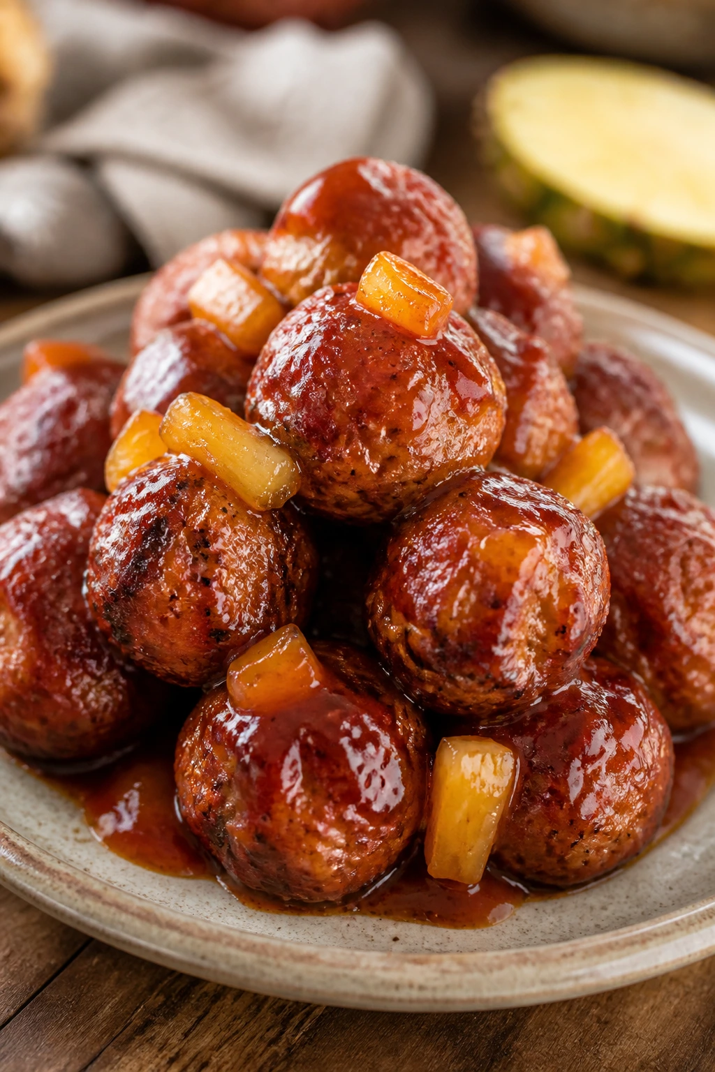 Meatballs with pineapple glaze on rustic plate in kitchen setting