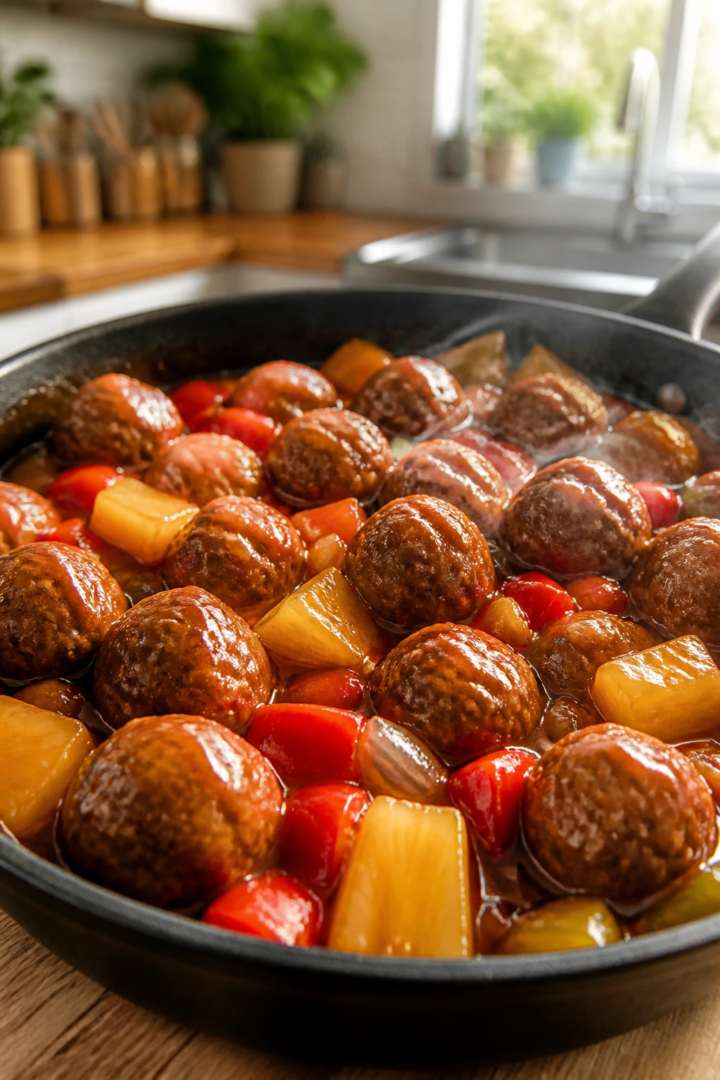 Sweet and sour meatballs in sauce with pineapple and peppers.
