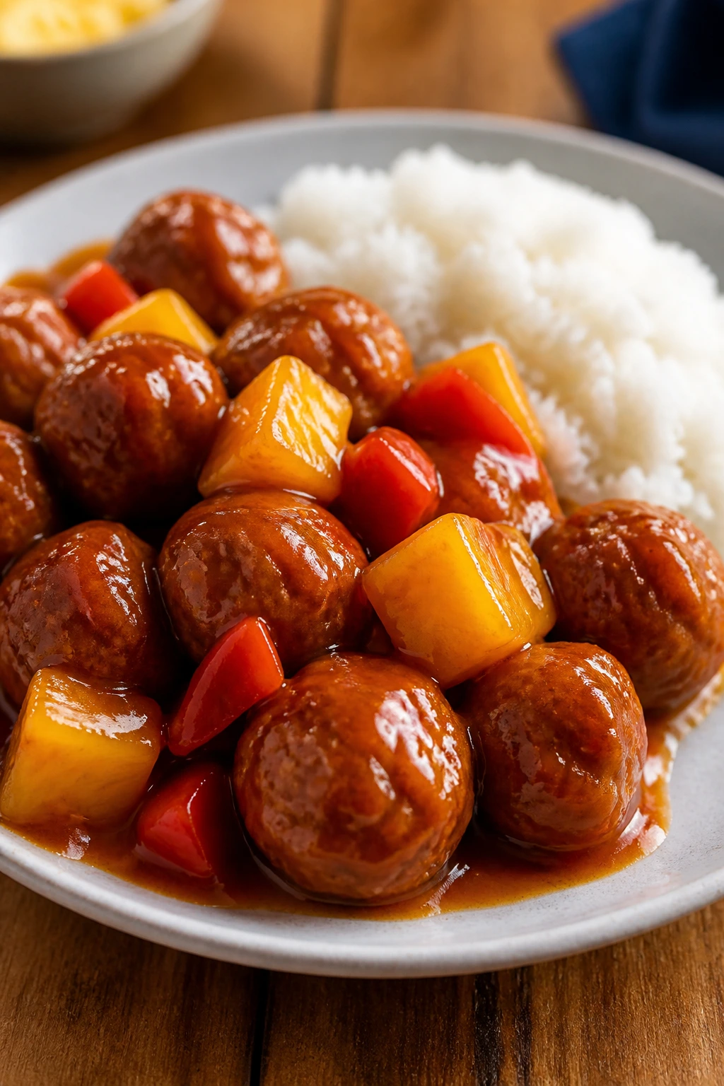 Bite-sized meatballs with pineapple in sweet and sour sauce on a plate