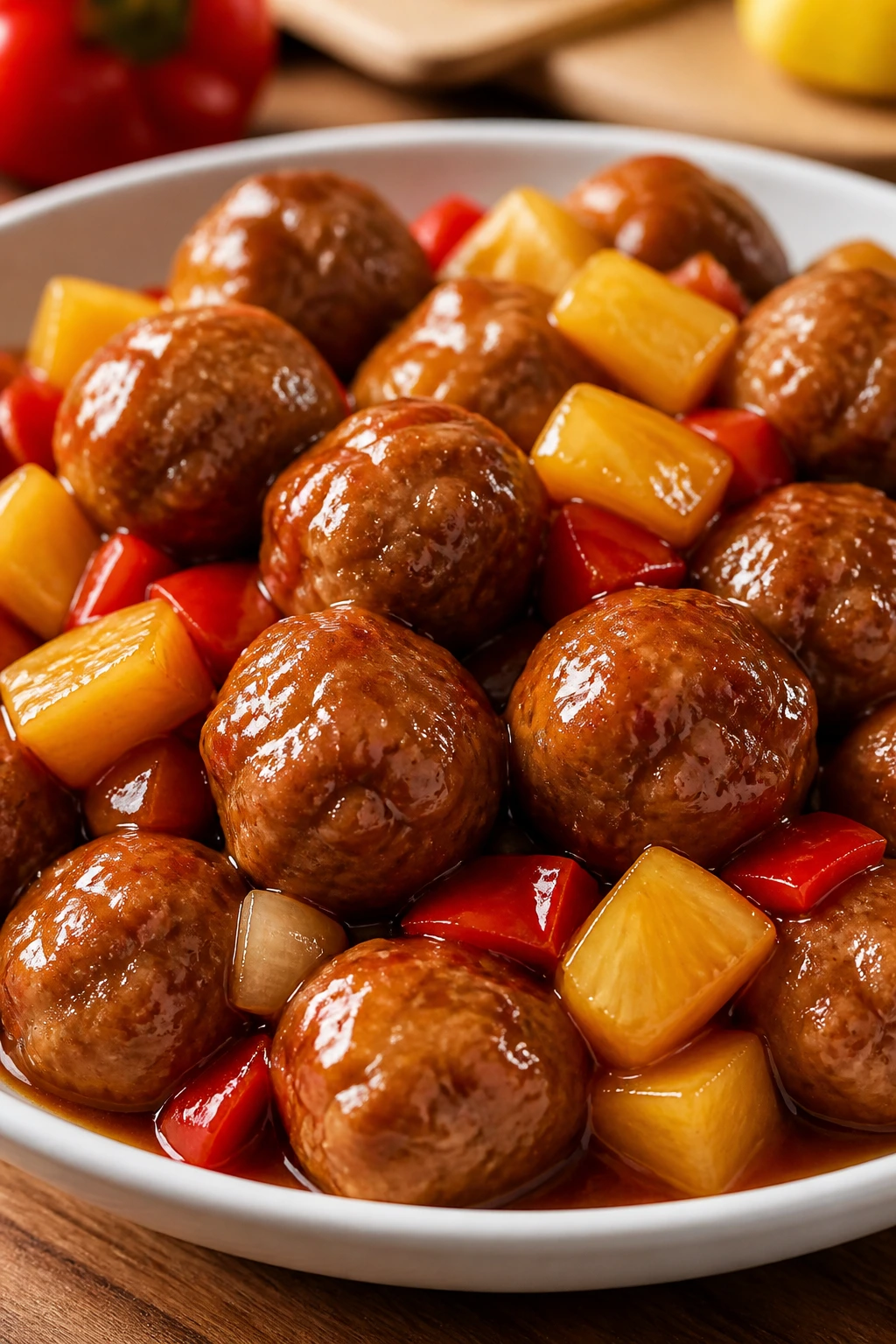 Close-up of sweet-and-sour pineapple meatballs