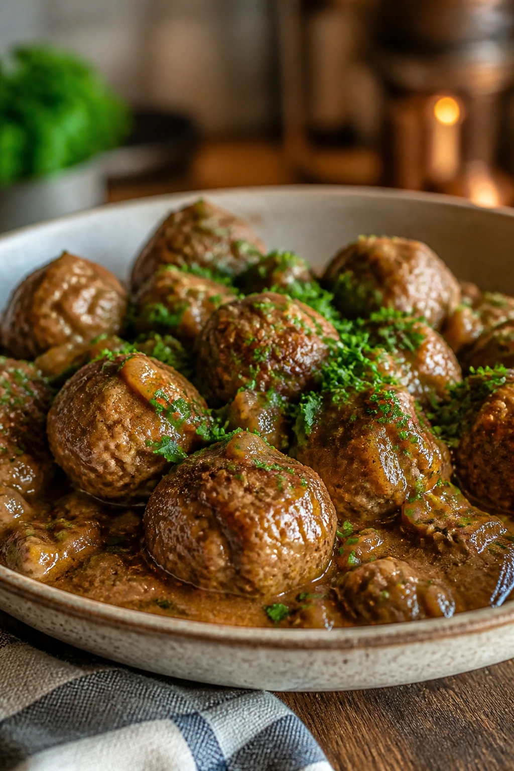 Plate of meatballs with sauce and fresh herbs.
