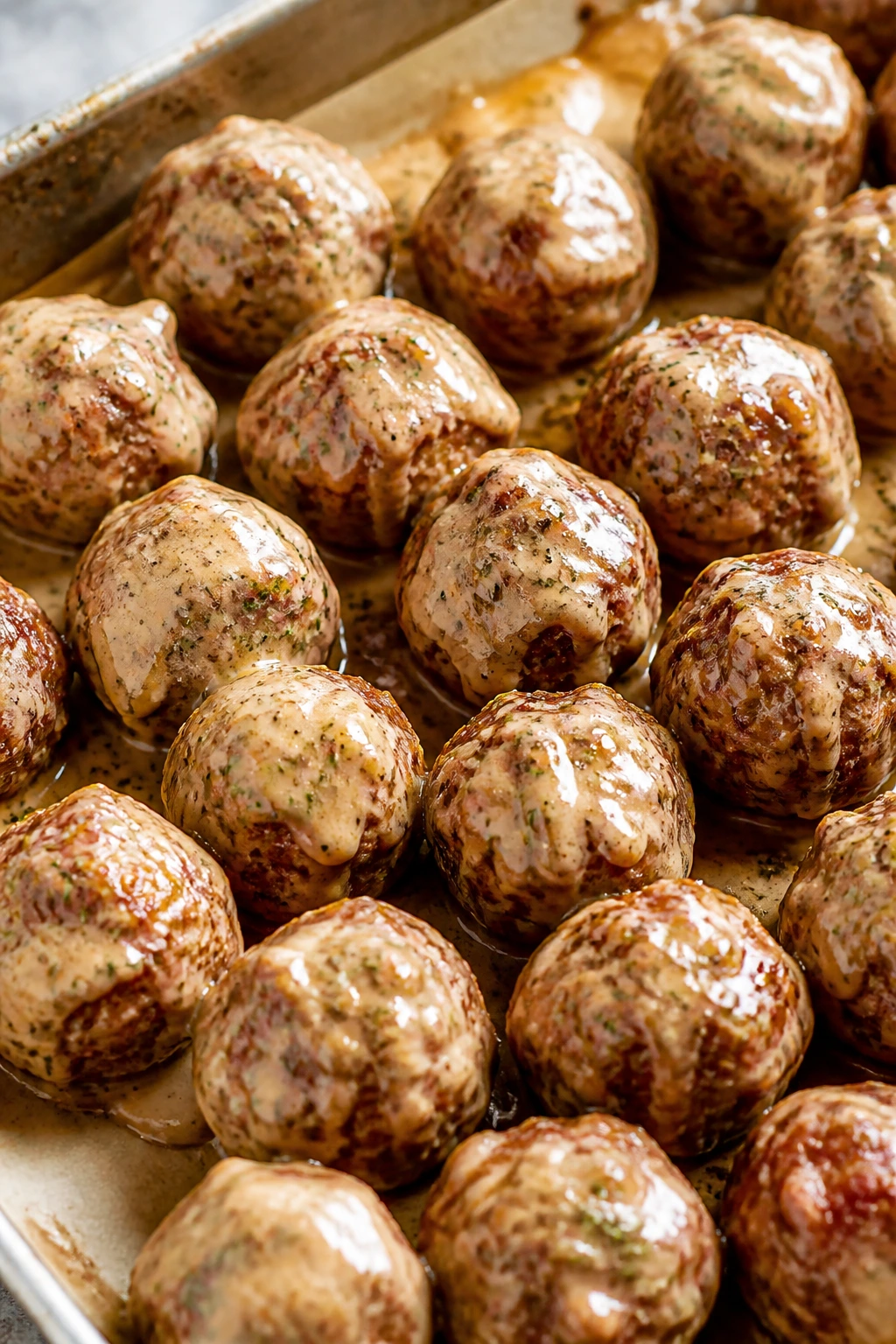 Meatballs with ranch-inspired BBQ glaze on parchment