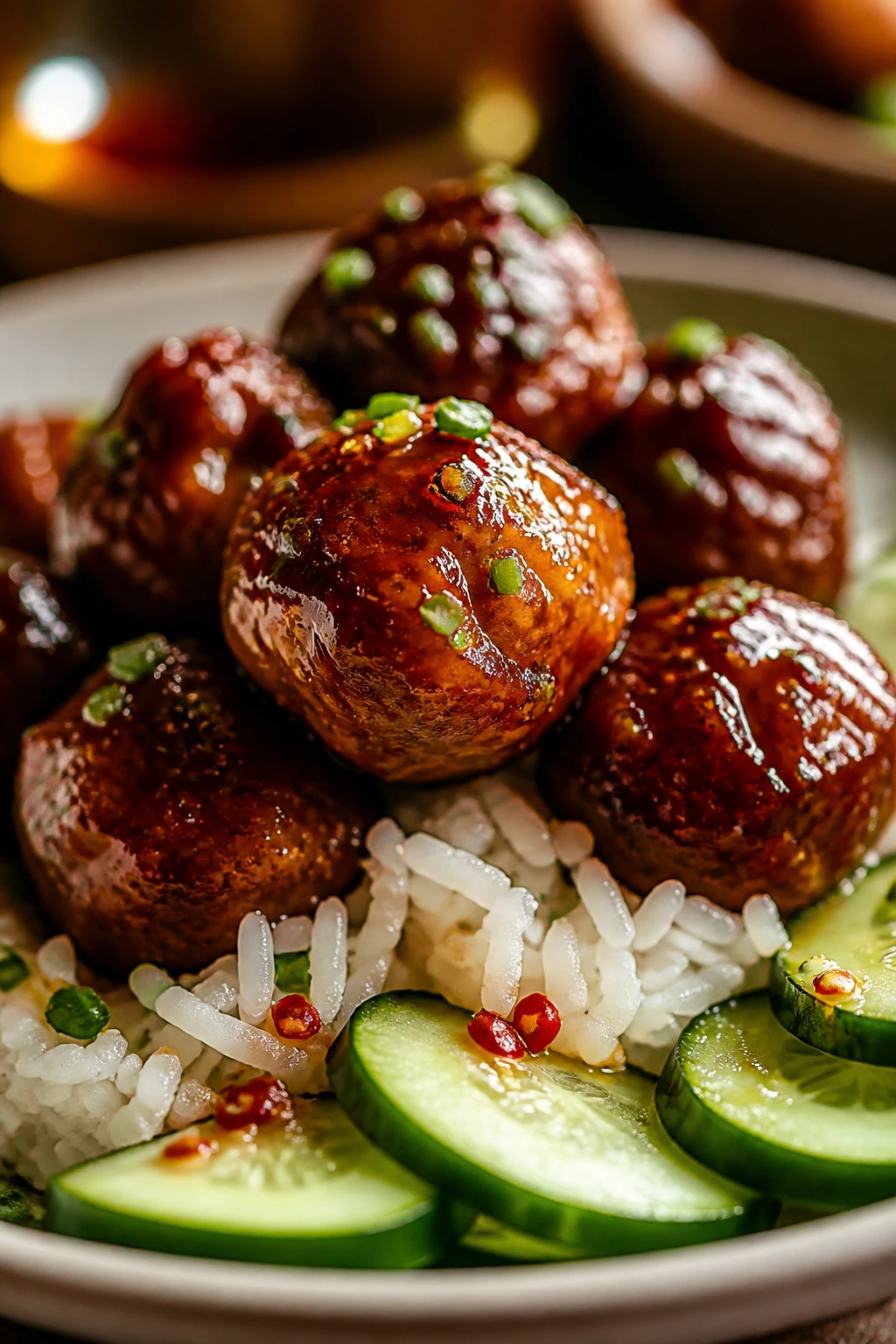 Meatball with sticky hot honey glaze over rice and cucumber