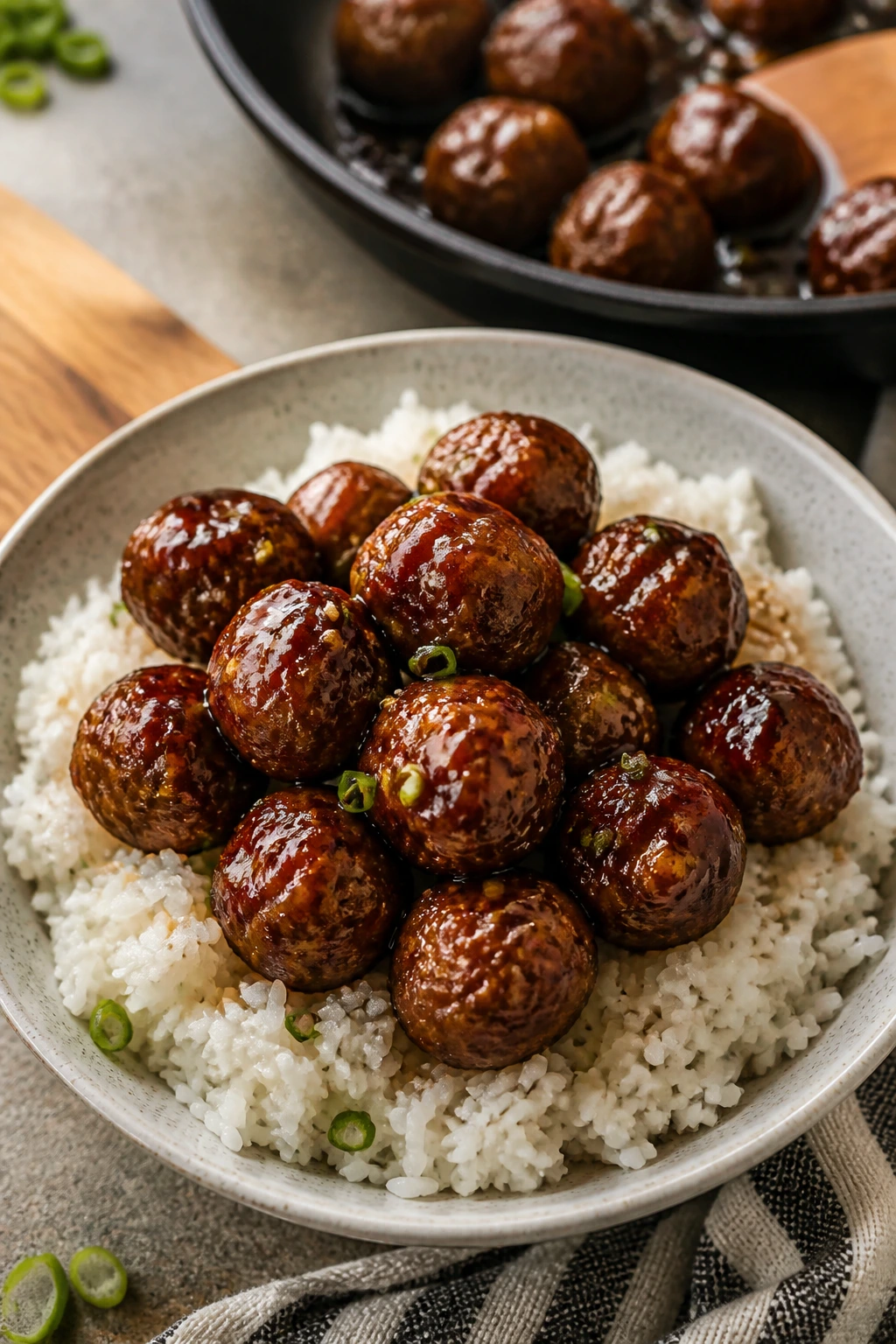 Meatballs glazed with hoisin on rice