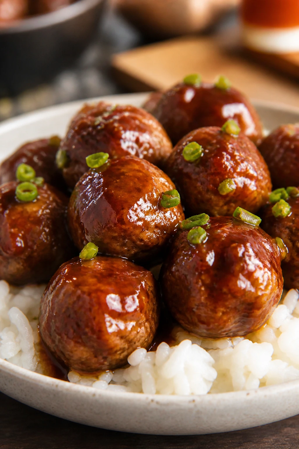 Glazed honey garlic meatballs served over rice
