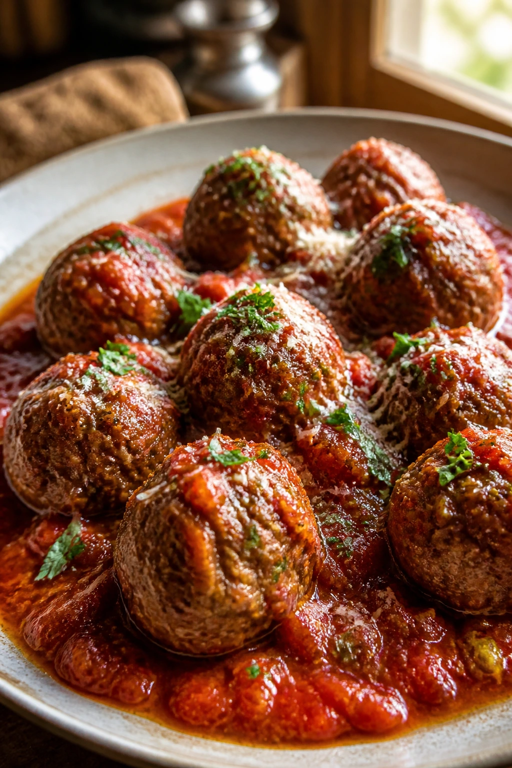 Plate of meatballs in tomato sauce with parsley and parmesan