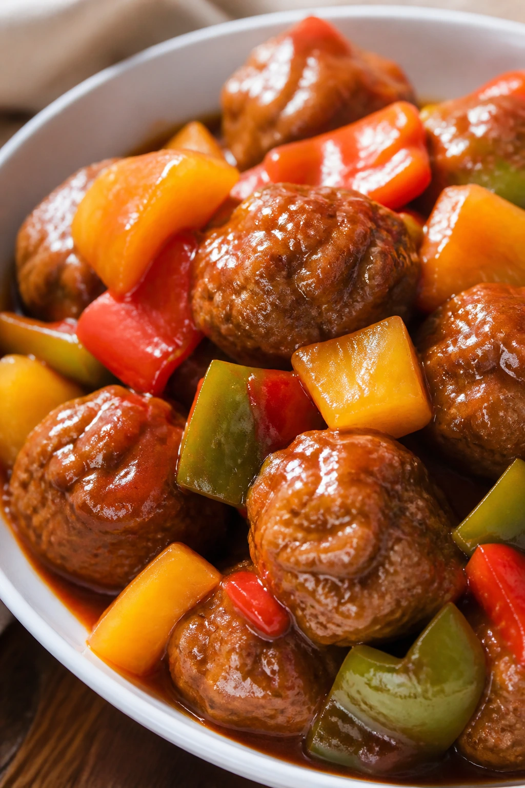 Close-up of sweet and sour meatballs with pineapple chunks on a plate