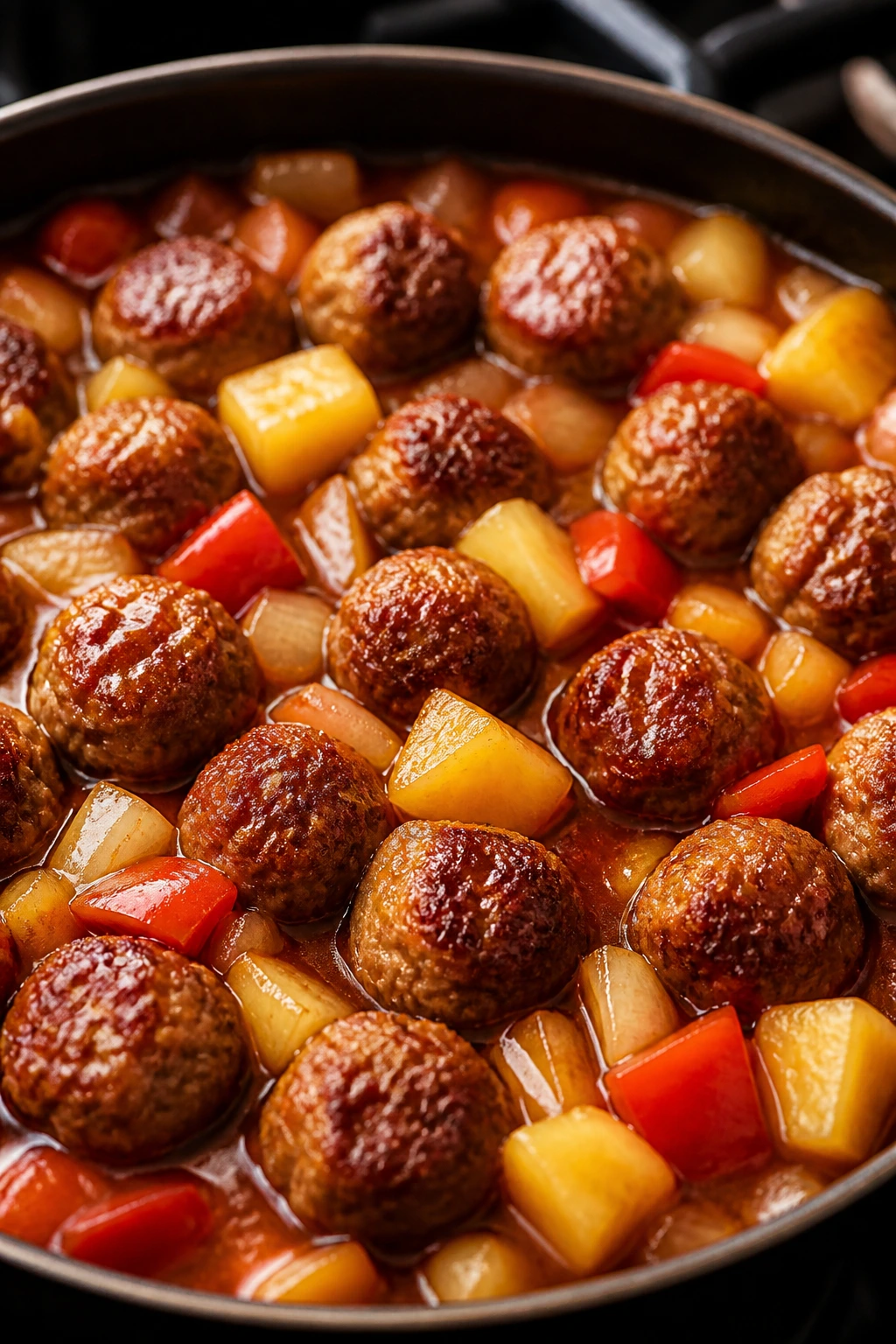 Meatballs in glossy sweet-and-sour sauce with pineapple