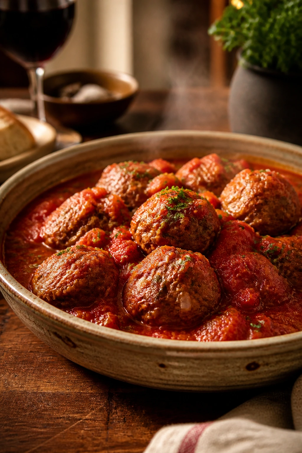 Rustic bowl of meatballs in tomato sauce on wooden table