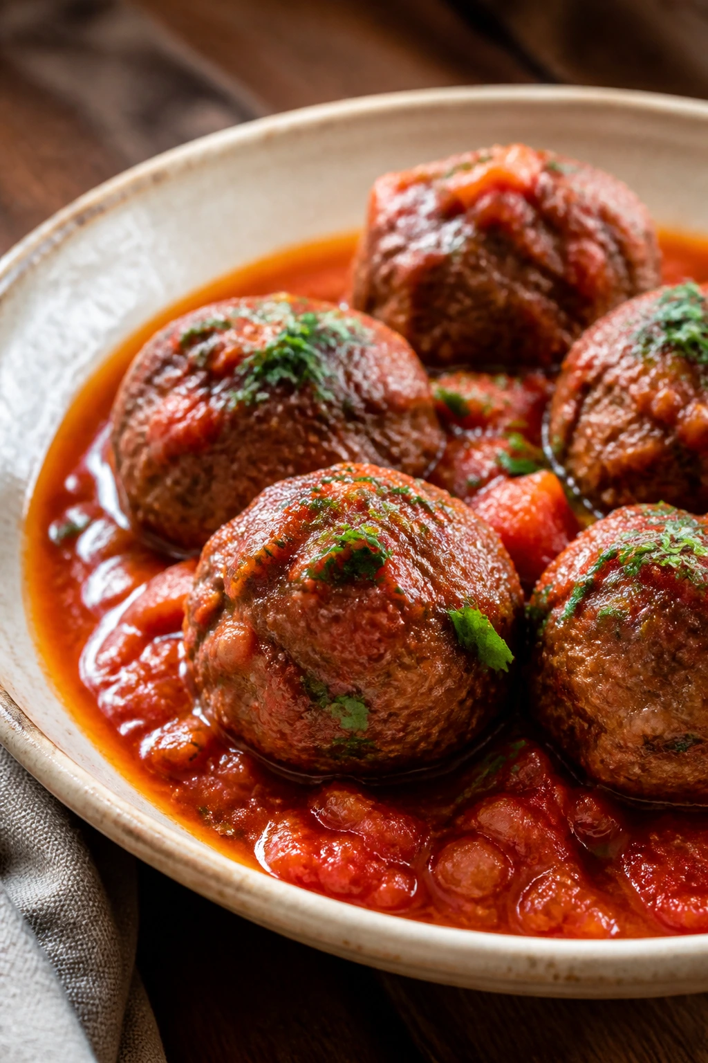 Meatballs in sauce served in a shallow bowl, close-up