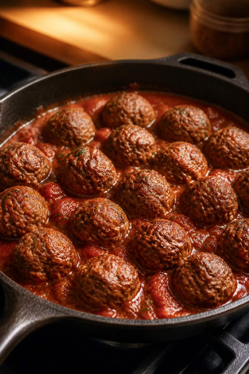 Skillet full of beef meatballs in sauce on a stove