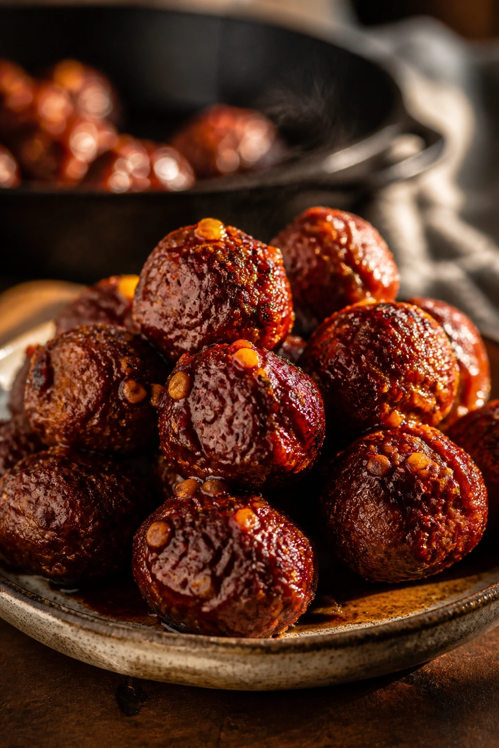 Brick-red meatballs with smoky glaze on plate in a warm kitchen
