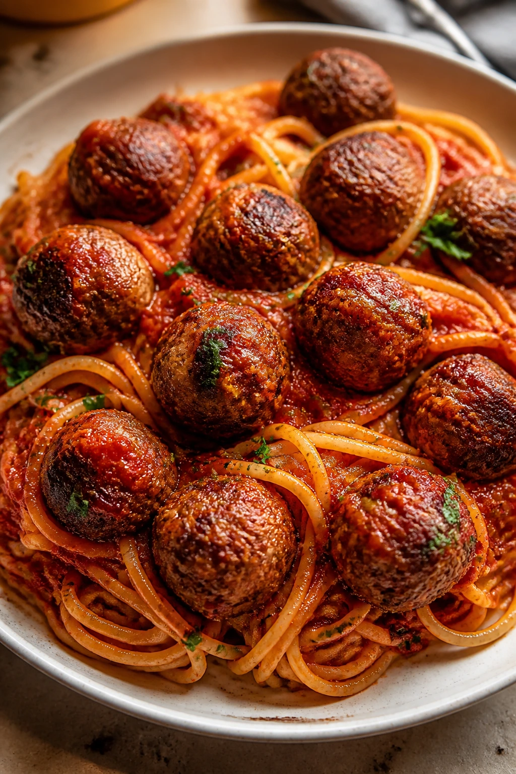 Close-up of baked meatballs and spaghetti in marinara on a plate.