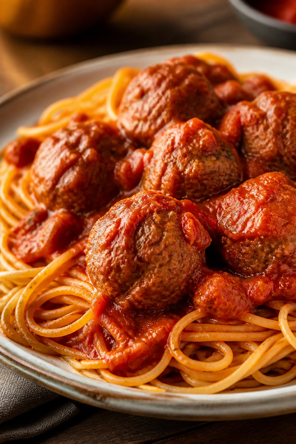 Meatballs with spaghetti and marinara sauce