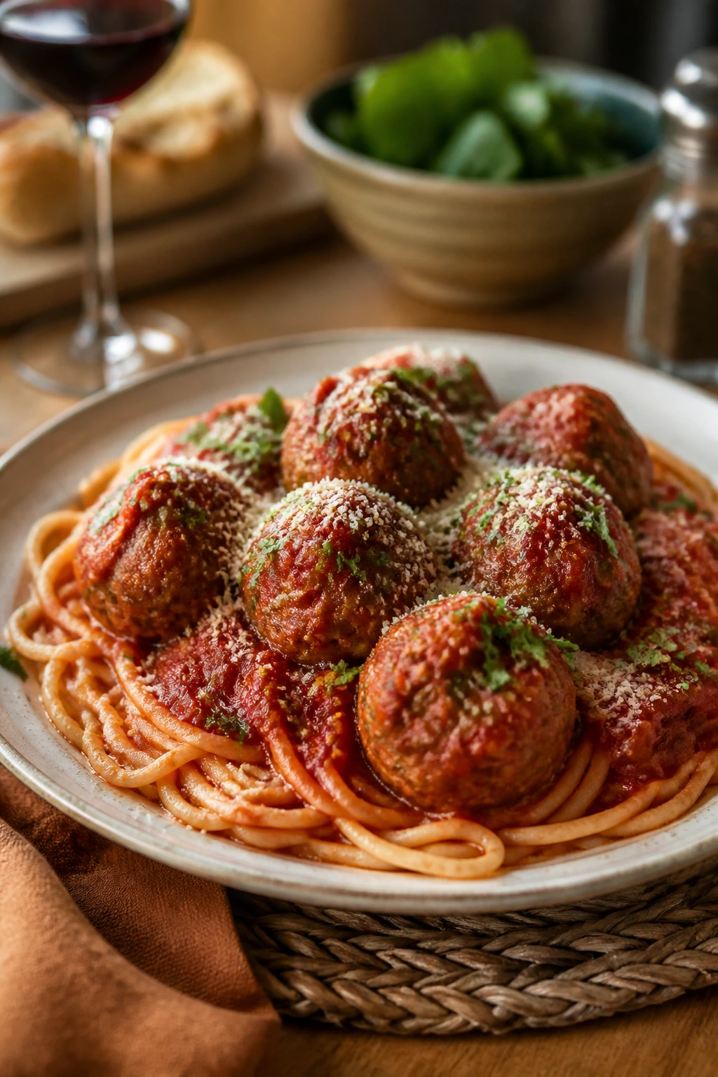 Plate of spaghetti with meatballs in tomato sauce, garnished with parmesan and parsley