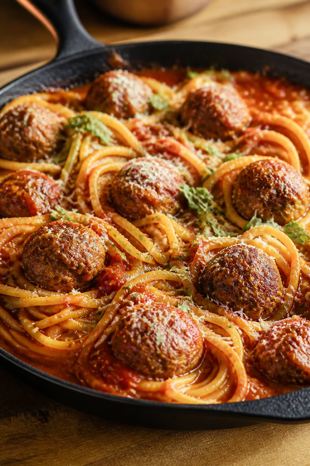 Beef meatballs with spaghetti in tomato sauce in a skillet
