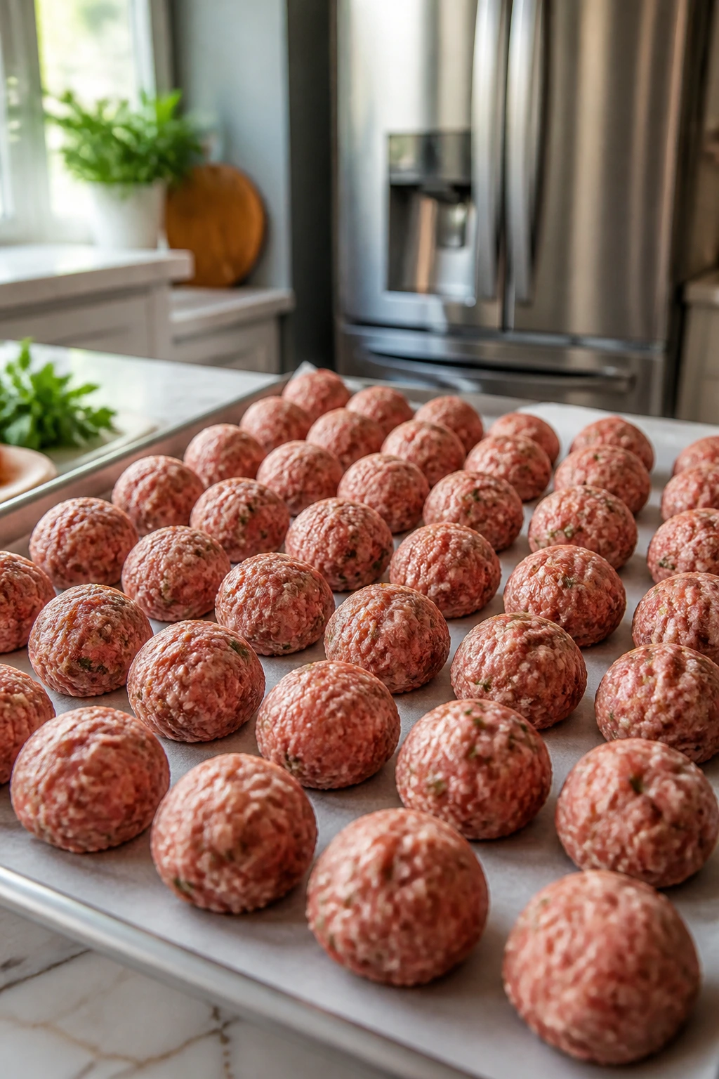 Raw meatballs on parchment in a home kitchen, illustrating storage and reheating guidance.
