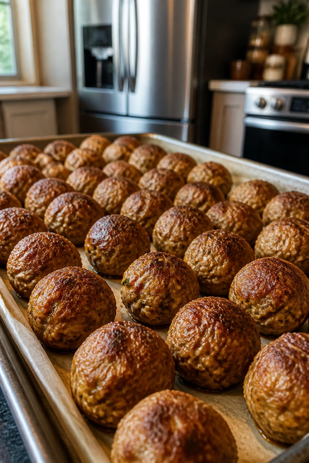 Close-up of meatballs on a sheet pan ready for storage and reheating