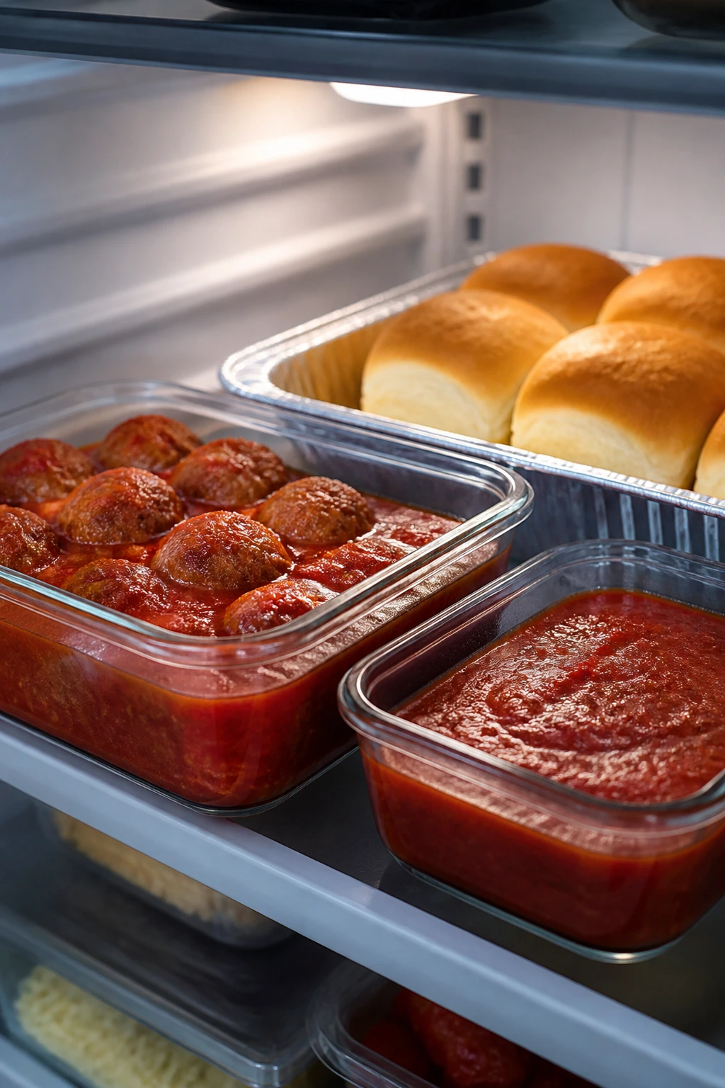 Fridge storage scene with meatballs in tomato sauce for make-ahead sliders.