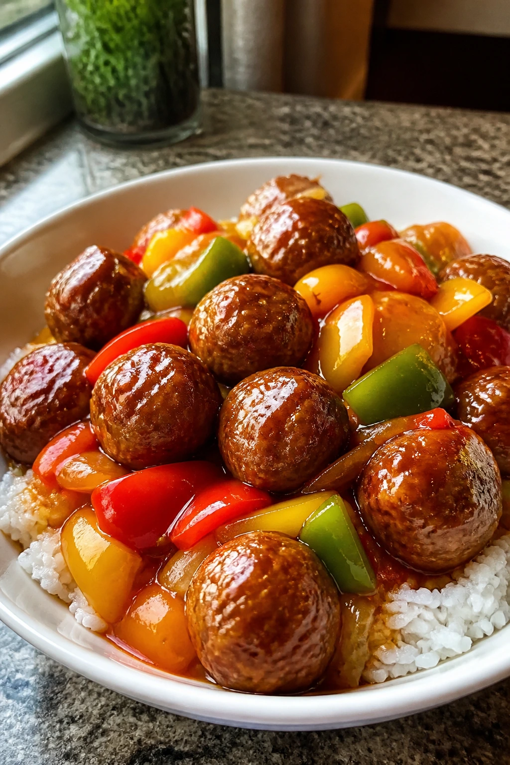 Glossy meatballs in sweet and sour sauce with peppers and rice
