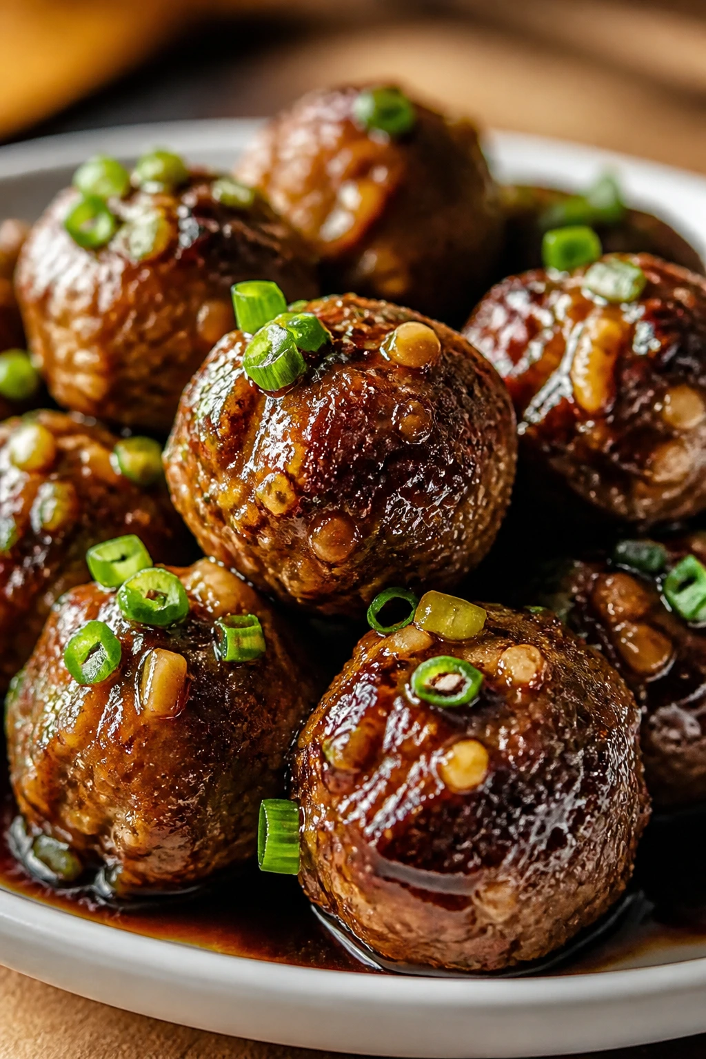 Close-up of teriyaki ginger glazed meatballs