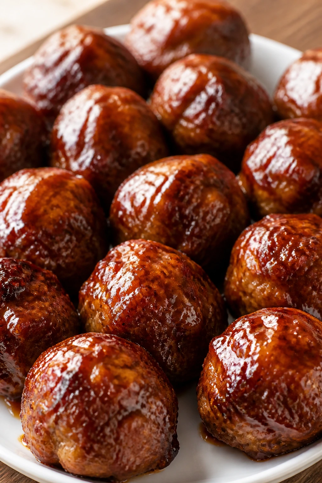 Glossy teriyaki meatballs on a white plate