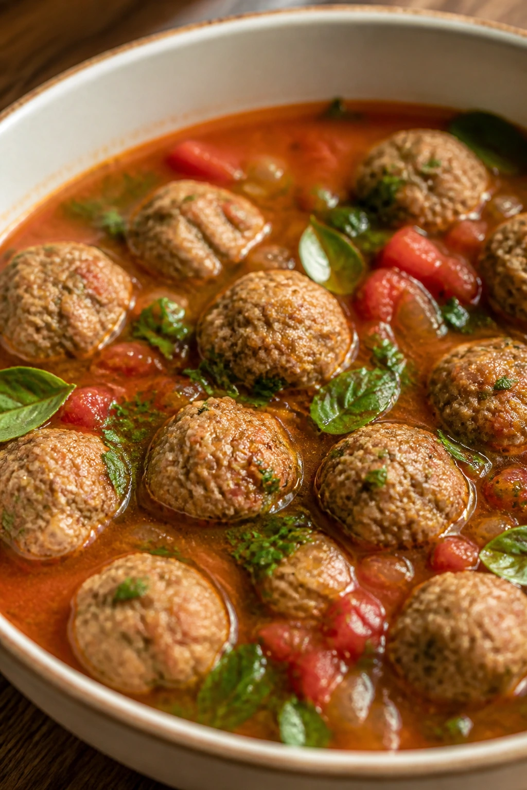 Meatballs in tomato basil broth in a bowl