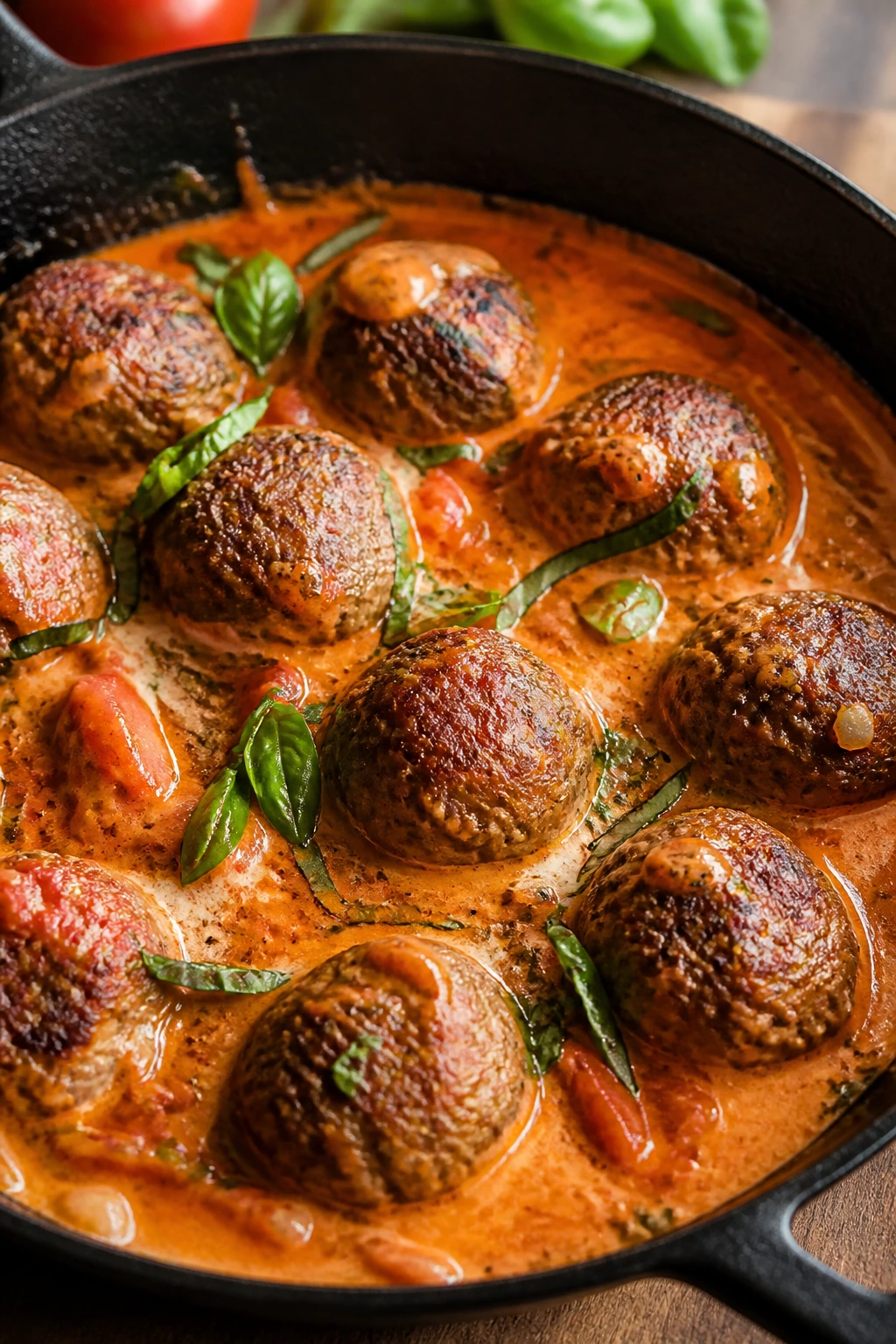 Close-up of meatballs in tomato cream sauce in a skillet