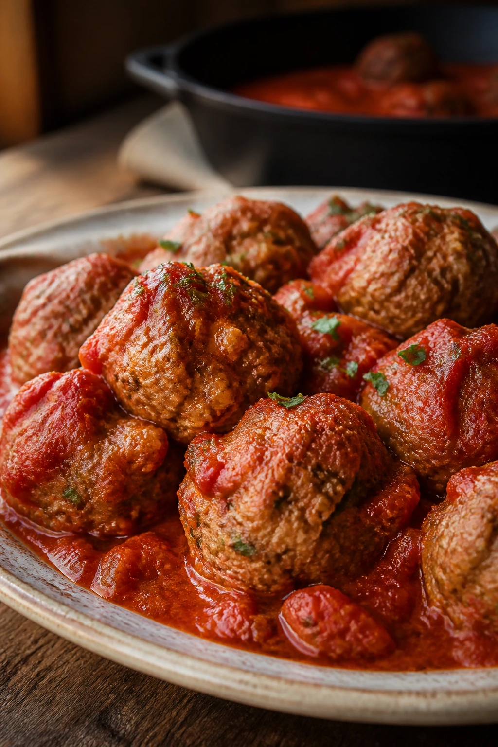 Close-up of Tuscan meatballs in tomato sauce on a rustic plate