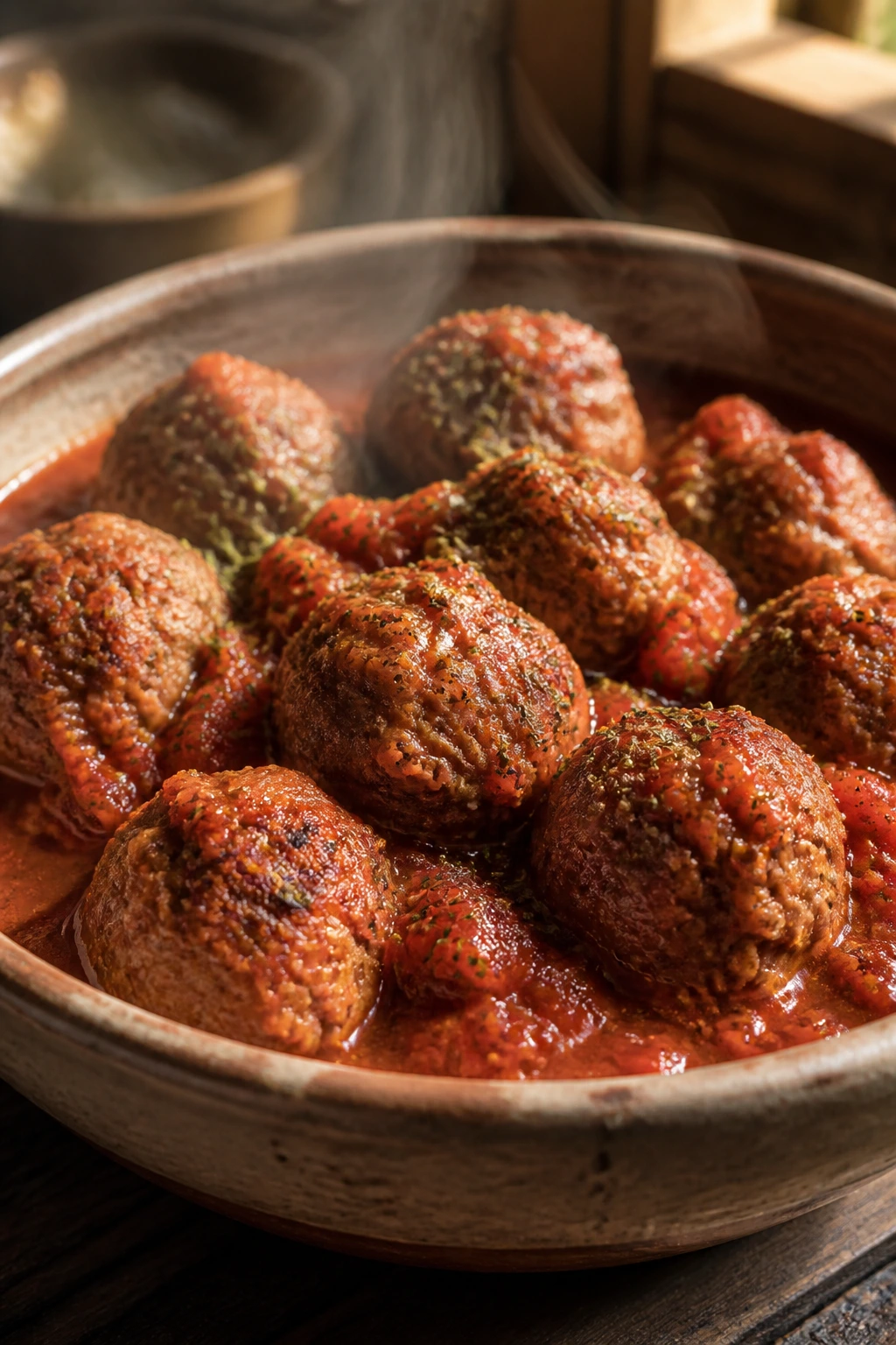 Close-up of meatballs in tomato-oregano sauce in a rustic ceramic bowl